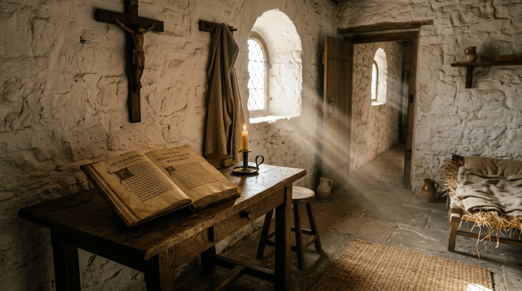 Small monastic cell with wooden desk holding an open ancient book and lit candle